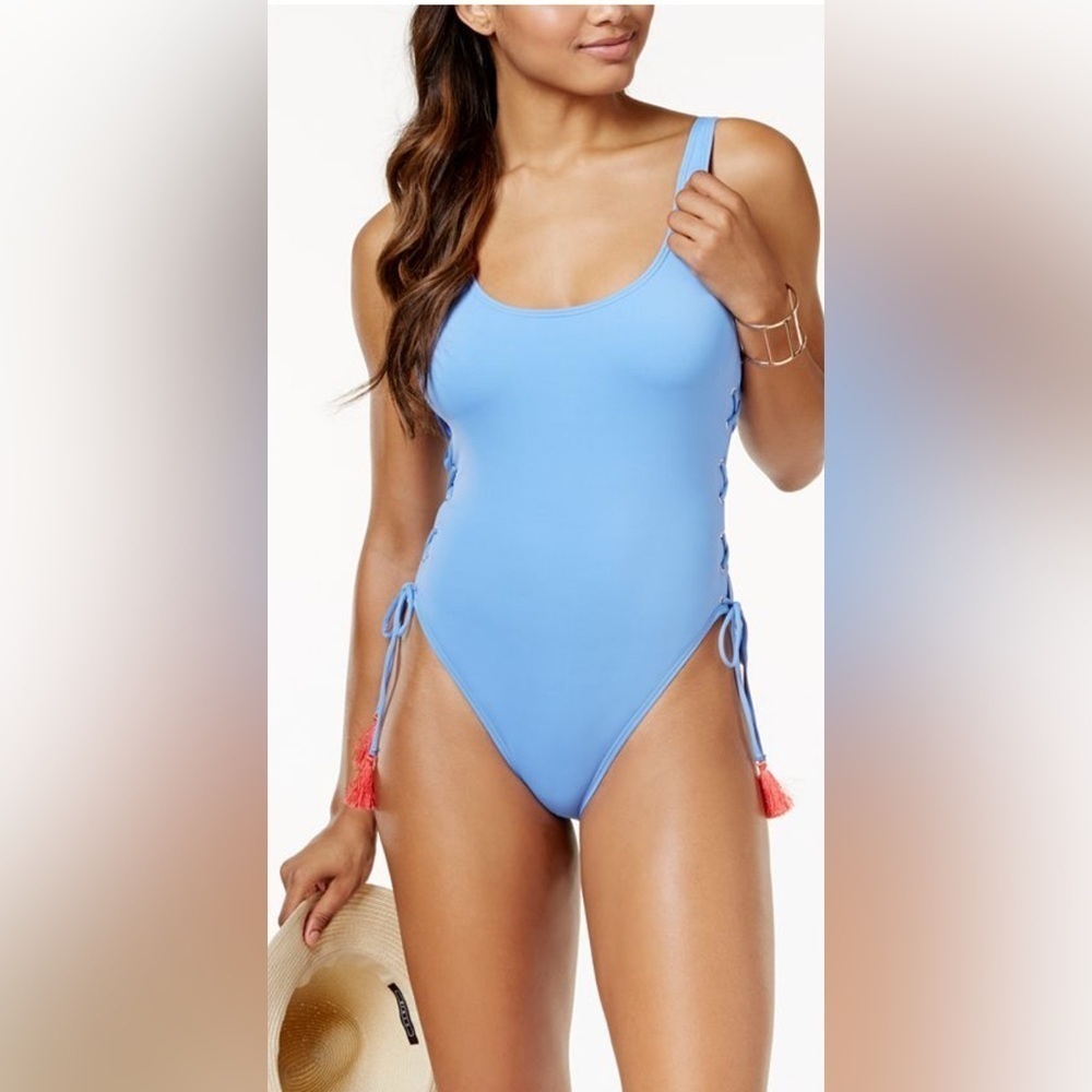 Vince Camaro light blue one piece swimsuit with side lace up tie/coral tassels;M